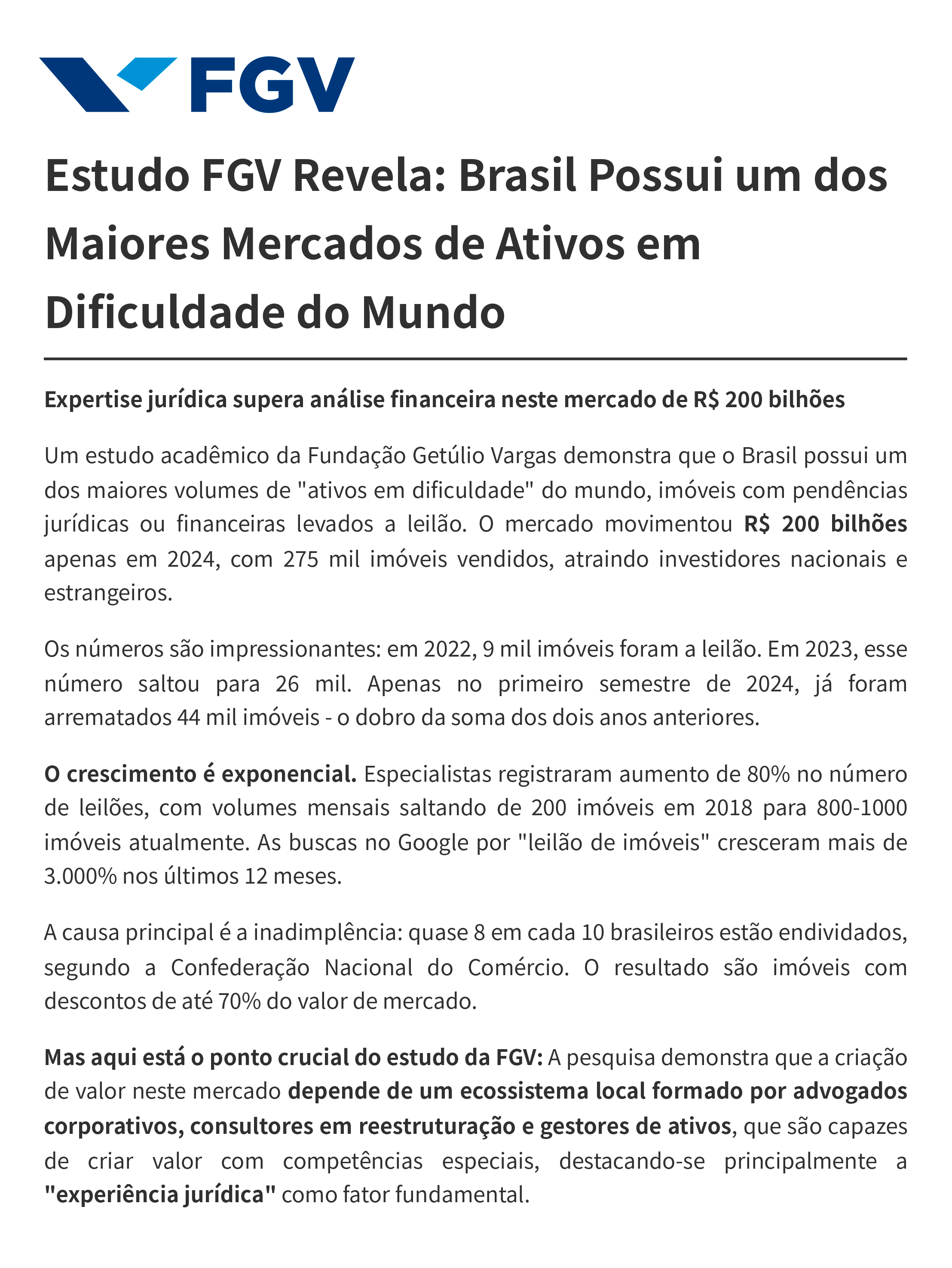 Estudo FGV sobre expertise jurídica em leilões